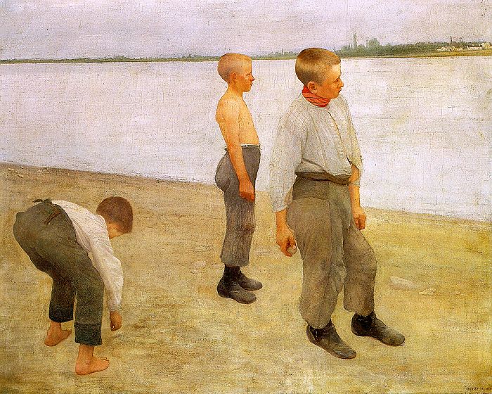 Boys Throwing Pebbles into the River